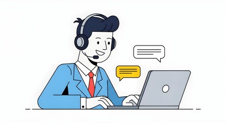 Friendly customer service agent with headset actively typing on laptop, communicating via chat bubbles, representing support and engagement