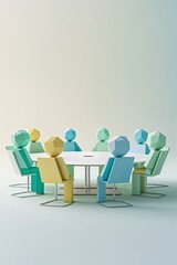 A group of eight multicolored geometric figures is seated around a white round table, engaged in a discussion related to recruitment and hiring. The setting has a minimalist design