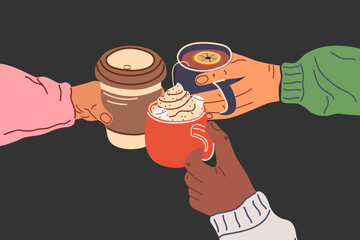 Close-up of hands in warm sweaters holding cups of tea and coffee cheers with each other. Friends celebrating holidays and clinking cups with non-alcoholic drinks. Flat vector.