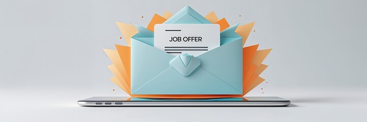 A pastel blue envelope bursts open with a job offer letter in front of a modern smartphone. The vibrant colors indicate a positive and welcoming hiring experience