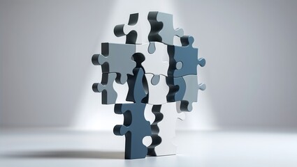 Puzzle pieces come together in a monochromatic design, symbolizing the intricate nature of recruitment and hiring, emphasizing teamwork, collaboration, and problem-solving