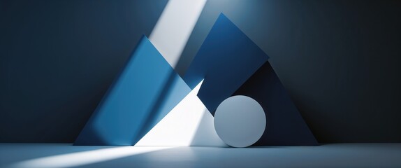 Geometric shapes of varying sizes and colors are arranged thoughtfully in a minimalistic space. Light streams through, creating dynamic shadows that enhance the design