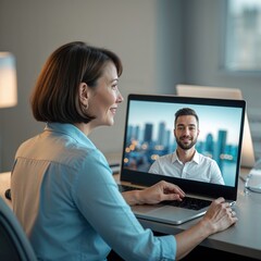 A woman in a light blue shirt smiles while engaging in a virtual recruitment interview with a man displayed on her laptop. The background shows a city skyline, indicating a professional atmosphere