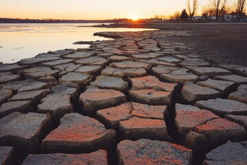 Dried cracked earth shoreline at sunset