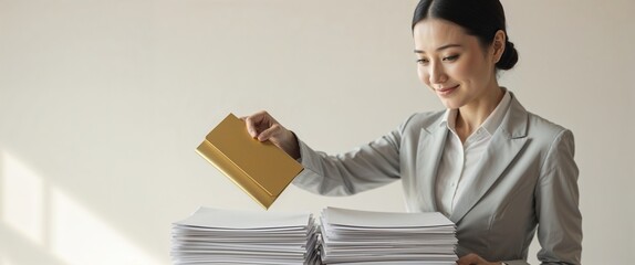 A focused woman in a gray suit is sorting through a stack of papers in an office. She holds a gold folder in her hand and appears content as she engages in recruitment tasks