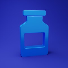 Blue Medicine bottle icon isolated on blue background. Bottle pill sign. Pharmacy design. Minimalism concept. 3D render illustration