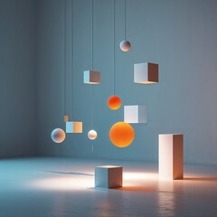 Various geometric shapes are suspended from the ceiling in a brightly lit interior environment, symbolizing creativity and structure in the recruitment and hiring process