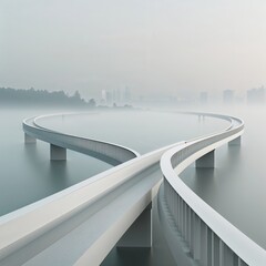 A contemporary bridge with curved paths emerges gracefully over water in a foggy environment. The structure connects urban areas while blending into the serene landscape