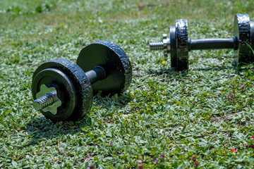 Black Dumbbells on Green Grass for Outdoor Workout