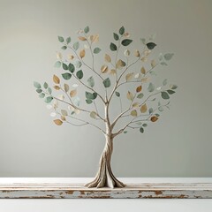 A decorative tree sculpture stands on a wooden surface, featuring textured leaves in shades of green, gold, and white. This elegant piece enhances any modern interior setting
