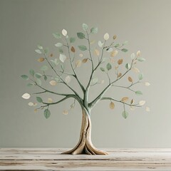A unique tree sculpture with textured leaves in various colors stands prominently on a wooden table. This artistic piece enhances recruitment and hiring environments with its calming presence