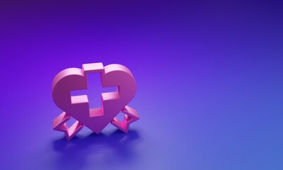 Obraz premium Pink Heart with a cross icon isolated on purple-blue background. First aid. Healthcare, medical and pharmacy sign. Minimalism concept. 3D render illustration