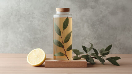 Elegant composition of a skincare bottle surrounded by natural elements, including foliage and a lemon slice, on a minimalistic background, promoting a fresh and eco-friendly beauty concept.