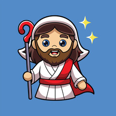 Cartoon Jesus Character with Staff – Christian Religious Vector Illustration