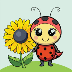 Cute Ladybug with Sunflower – Cartoon Insect Character Vector Art