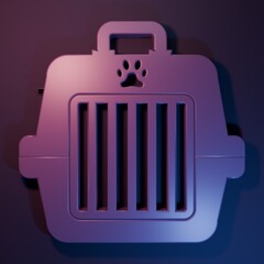 Purple Pet carry case icon isolated on purple-blue background. Carrier for animals, dog and cat. Container for animals. Animal transport box. Minimalism concept. 3D render illustration