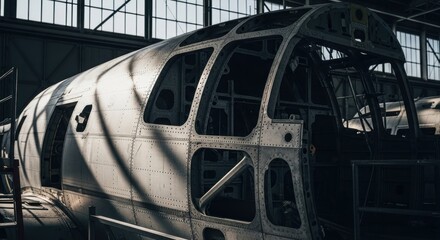 Partial aircraft fuselage, exposed metal frame, hangar setting