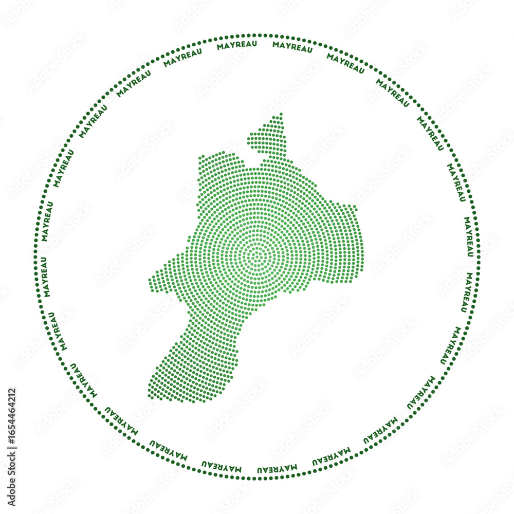 Poster mayreau round logo. digital style shape of mayreau in dotted circle with island name. tech icon of t