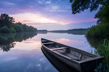 Obraz premium Tranquil River Boat Sunset Guide
