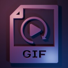 Purple GIF file document. Download gif button icon isolated on purple-blue background. GIF file symbol. Minimalism concept. 3D render illustration