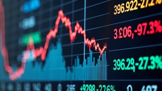 Dynamic currency charts illustrate fluctuating American Dollar, Euro, Norwegian Krone, Swiss Franc exchange rates. Global financial market trends displayed on electronic board. Image shows volatility.