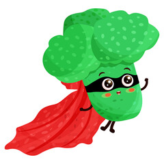 Cartoon character super hero broccoli in red cape flying and waving hand, excited smiling expression, flat vector illustration isolated on white background.