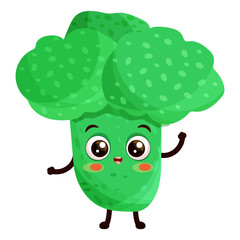 Cartoon character green happy broccoli with green leaves crown standing and smiling, cute friendly expression, flat vector illustration.