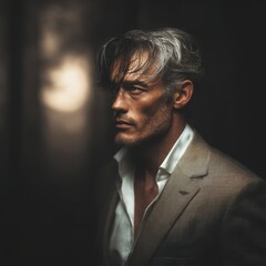 Serious businessman with gray hair posing in a dark room