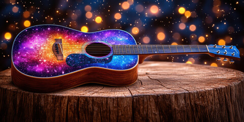 Guitar with a galaxy pattern on wood
