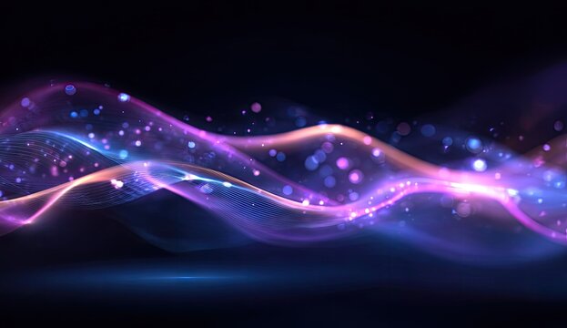Abstract wavy lines of glowing particles in vibrant purple, pink, and blue hues against a dark background