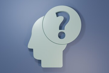 Grey Human head with question mark icon isolated on purple-blue background. Minimalism concept. 3D render illustration