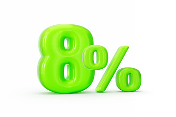 Green jelly digit 8% or Eight percent isolated on white background. 3d illustration