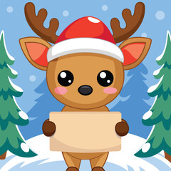 Cute Christmas Reindeer with Santa Hat and Signboard &ndash; Cartoon Vector