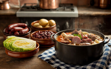 A photograph of a rustic wooden table laden with a steaming pot of "Cozido" alongside a collection of earthenware bowls filled with the dish's vibrant ingredients. The Cozido itself is a rich, savory 
