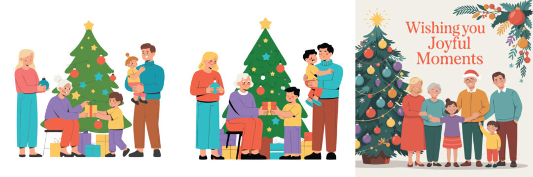 Joyful Family Christmas Generational Holiday Celebration with Gifts, Decorated Tree, and Joyful Moments Message
