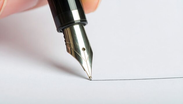 A fountain pen's nib rests poised over a blank page, ready to create a new line of text.