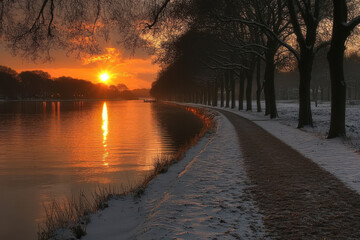 Snowy Path beside a Golden Sunset River