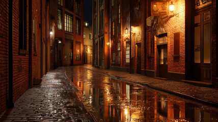 Night street scene with brick buildings and reflections
