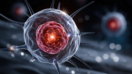 Detailed illustration of bioluminescent cell, showcasing intricate structures and glowing elements, evokes sense of wonder and curiosity