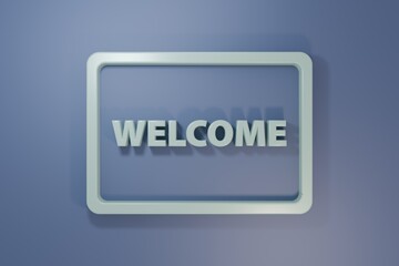 Grey Doormat with the text Welcome icon isolated on purple-blue background. Welcome mat sign. Minimalism concept. 3D render illustration