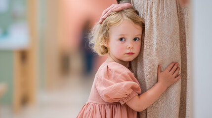 Toddler girl with separation anxiety clinging to mother during daycare adaptation. Child showing emotional attachment and fear while seeking comfort and security from parent at home.
