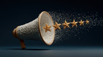 A megaphone projecting a that transforms into a perfect row of five golden stars, symbolizing effective marketing that leads to top reviews