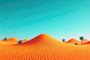 Vibrant desert landscape with orange dunes and palm trees under a vibrant sky