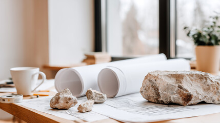 Landscape architecture workspace with natural stone specimens on blueprints. Sustainable design planning integrating organic materials for environmental construction projects.