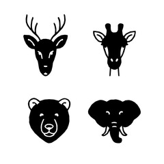 set of animals. Vector set animals. Wild Animal Head Silhouette Vector Collection.Forest and Jungle Animal Face Black Silhouette Set. Wildlife Icon Pack of Elephant, Deer, Bear, and Giraf