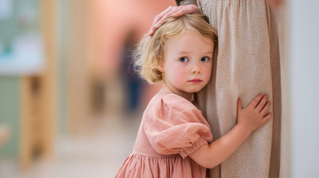 Toddler girl with separation anxiety clinging to mother during daycare adaptation. Child showing emotional attachment and fear while seeking comfort and security from parent at home.