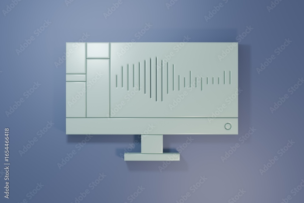 Poster grey sound or audio recorder or editor software on computer monitor icon isolated on purple-blue bac