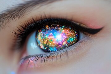 Eyes sparkle with cosmic colors resembling a starry sky
