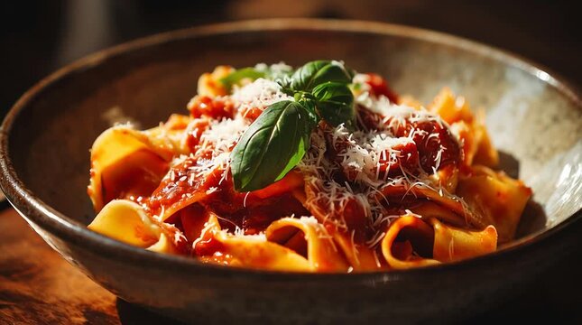 Delicious pappardelle pasta with tomato sauce and basil recipe italian food photography