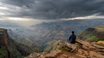 Fototapeta premium A contemplative scene of a person overlooking a dramatic landscape